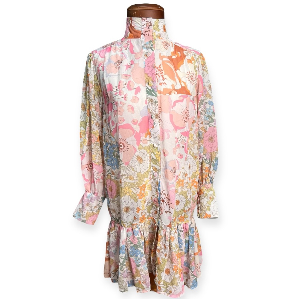 Pink Ripple Floral Bohemian Shift Dress Unlined Size S